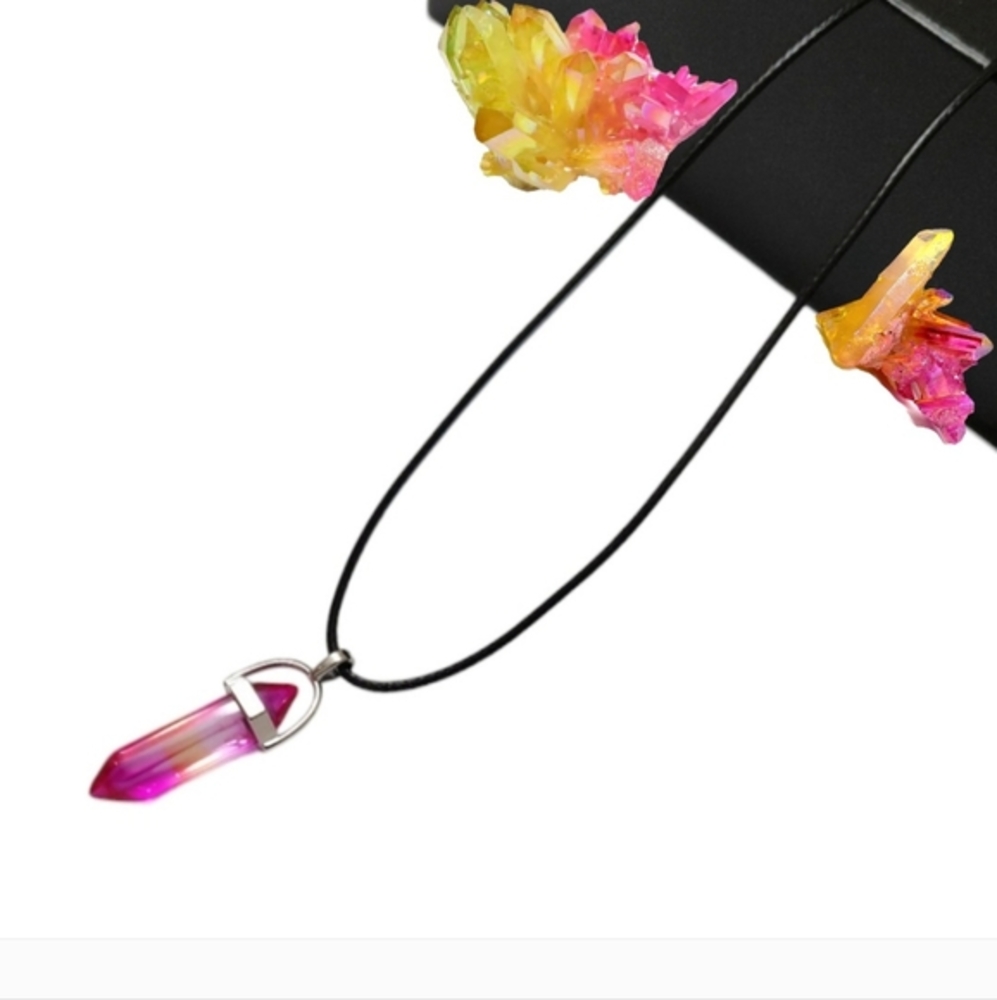 Healing Yellow & Fuchsia Aura Quartz Crystal Point Chakra Balancing Necklace
